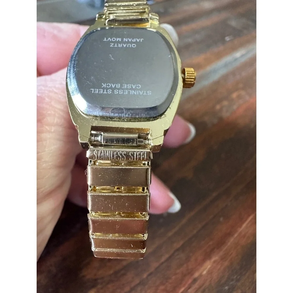 Analog Watch Rhinestone Bezel Quartz Gold Stainless‎ Steel Flex Band WORKING